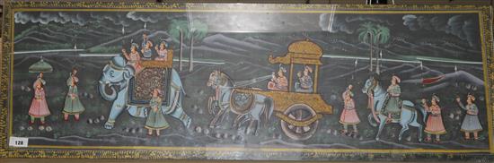 A Batik panel depicting a procession, 45 x 139cm., unframed